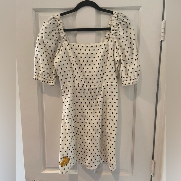 NWT Farm Rio 100% Linen Black & White Polka Dot Puff Sleeve Smocked Back Dress - Picture 5 of 10